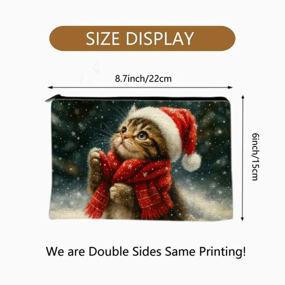 Christmas Winter Cute Cat with Santa Hat Travel Makeup Bag Double Sided Printed - Picture 2 of 2